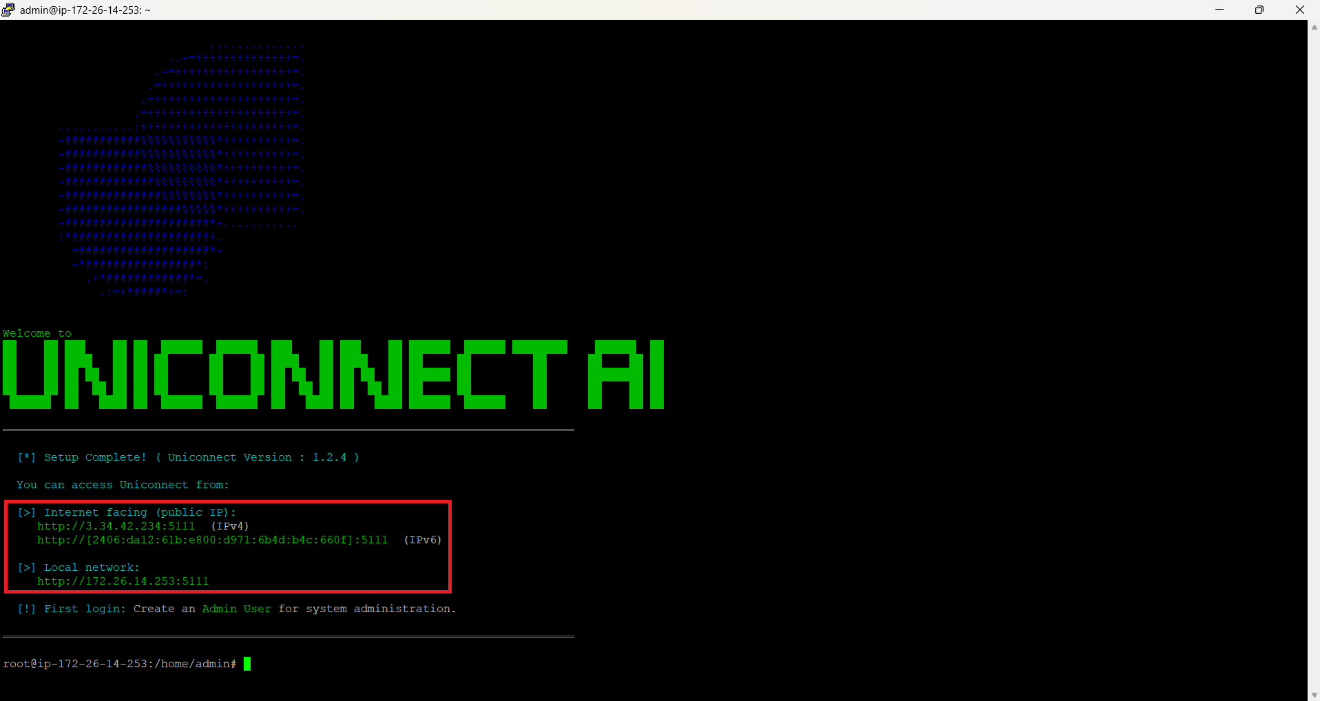 Initial background setup complete, showing access URLs