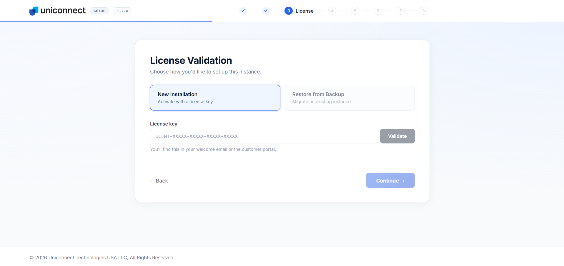 Entering the license key